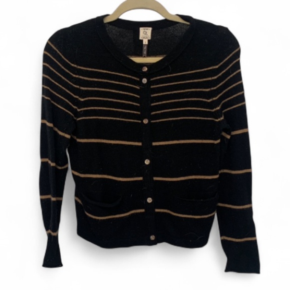 Qi Cashmere Black Tan Striped Cardigan Sweater Size Small